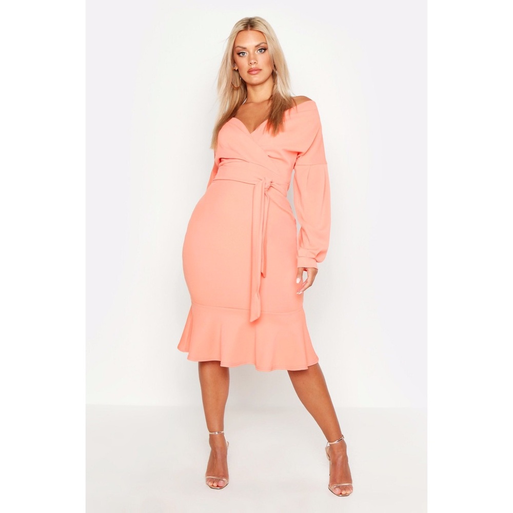Boohoo Plus: Off The Shoulder Frill Hem Midi Dress